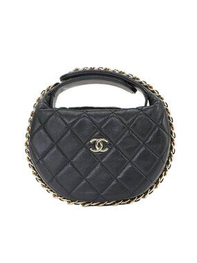 Chanel Quilted Hand Bag Leather Black Gold